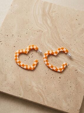 Orange & White Checkerboard Heart Hoop Earrings